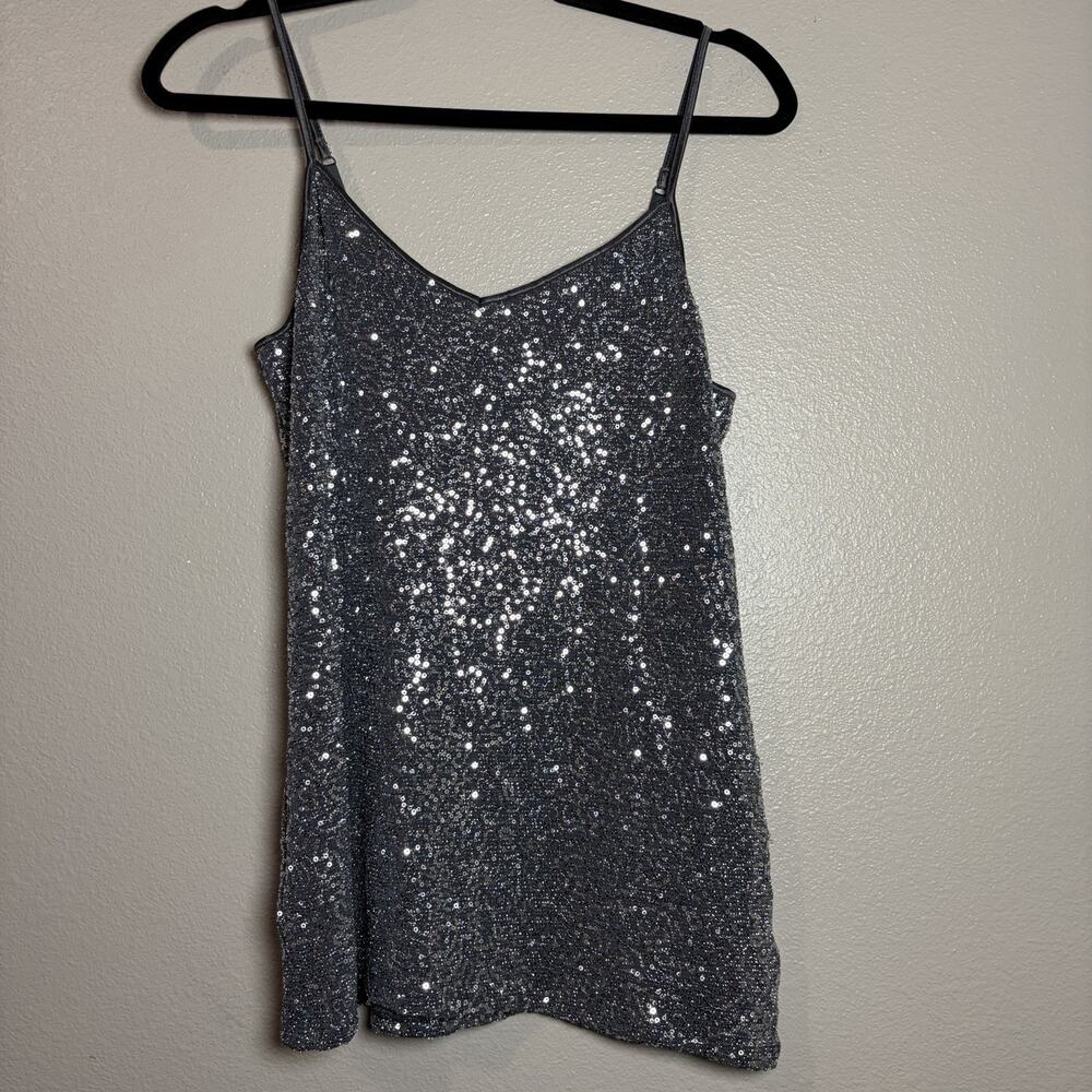 Express Tank Top Women Size Medium Gray Sequins V-neck Sleeveless Y2K